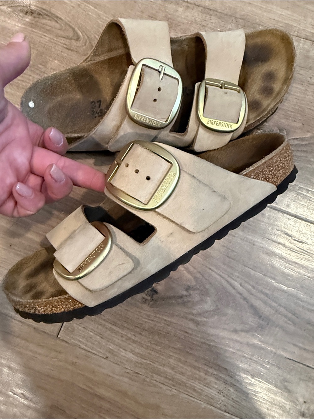 Women’s Birkenstock Beige Big-Buckle Slide Sandals - Picture 2 of 7